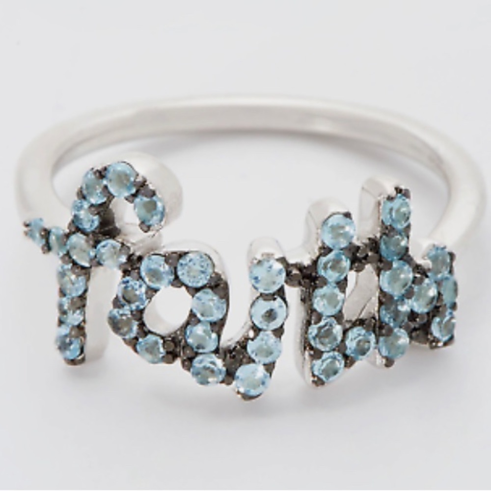 NWT  "Faith" Sterling Silver Words of Affirmation  Blue topaz Ring, Size 9 - QVC
